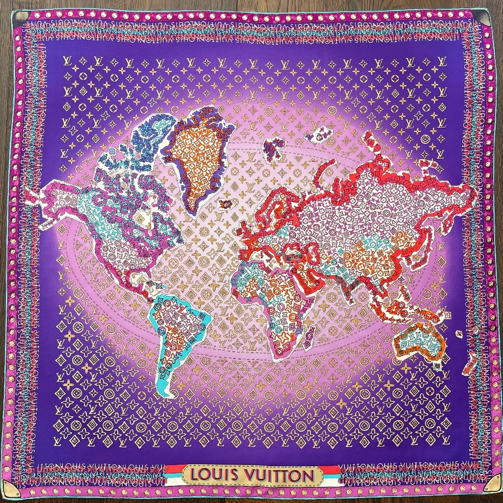 Display # 1 Louis Vuitton Monogram Map Square Purple Silk Scarf - Picture 9 of 16